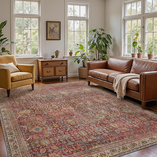 8x10 Area Rug Machine Washable Boho Rug for Living Room,Ultra-Thin Low Pile Carpet,Lightweight Indoor Printed Rug,Non Slip Floral Area Rug for Bedroom, Dining Room, Home Office,Burgundy Red