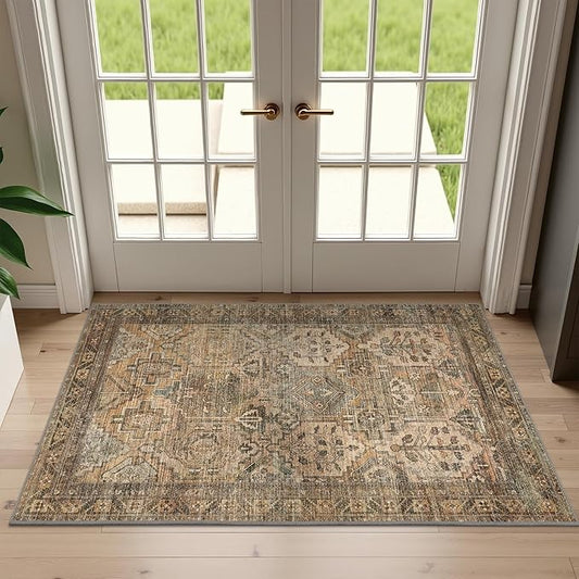 Bavni 2x3 Entryway Rug Bathroom Rugs for Front Door Bedroom Bathroom Kitchen, Washable Vintage Print Carpet, Ultra-Thin Chenille Lightweight Rug with Non Slip Backing, Warm Taupe
