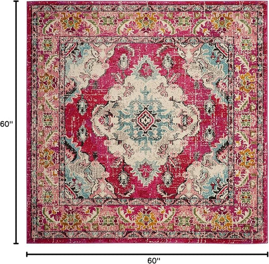 SAFAVIEH Monaco Collection Area Rug - 5' Square, Pink & Multi, Boho Chic Medallion Distressed Design, Non-Shedding & Easy Care, Ideal for High Traffic Areas in Living Room, Bedroom (MNC243D)
