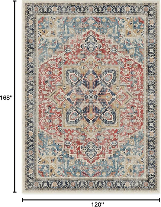 RUGGABLE Washable Vintage Area Rug – Kamran Cayenne Red 10x14, Stain-Resistant, Non-Slip – Large Machine Washable Rugs for Living Room, Bedroom, Hallway, Entryway & Office–with Standard Pad