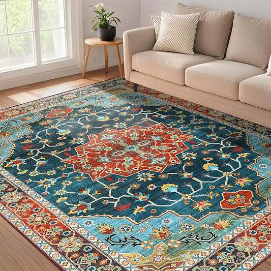 WILLSUN Washable Area Rugs, 5x7 Non-Slip Boho Large Area Rugs for Living Room, Bedroom, Machine Washable Vintage Rug, Indoor Floral Print Carpet for Home Decor, Kid & Pet Friendly Mat
