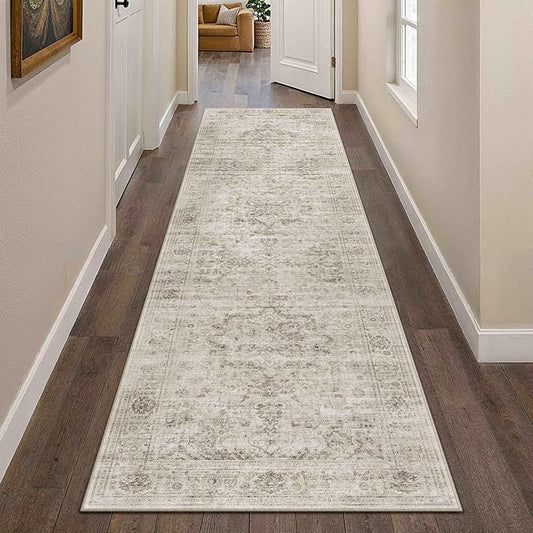 HUGEAR Washable Hallway 2x8 Runner Rugs Retro Beige Vintage Distressed Non Slip Stain Resistant Low Pile Neutral Throw Carpet for Bedside Kitchen Entryway Home Decor