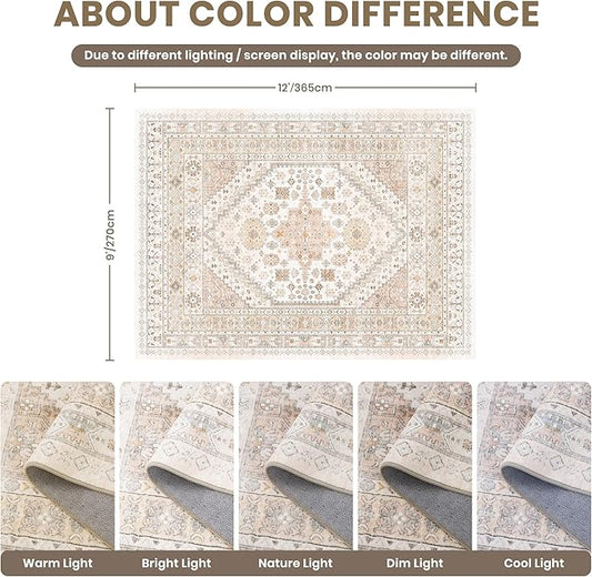 zesthome 9x12 Area Rugs for Living Room,Non-Slip Backing Washable Rugs,Vintage Large Area Rug,Stain Resistant Home Decor Rug