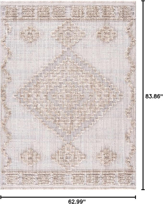 Hauteloom Ampusungan Modern Moroccan Medallion Farmhouse Living Room, Bedroom Area Rug - High Low - High Pile Carpet - Cream, Beige, Brown, Beige - 5'3" x 7'