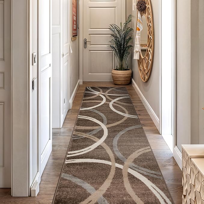 Rugshop Modern Wavy Circles Design Runner Rug, Fade-Resistant Carpet for Hallway, Entryway, or Kitchen, Brown, 2' x 10'
