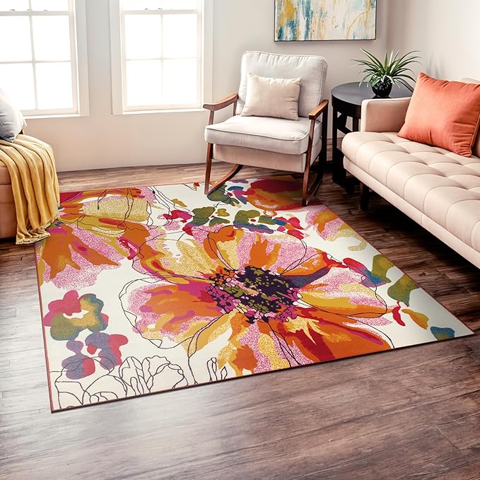 Rugshop Multi Bright Flowers Non Slip Non-Shedding Square Area Rug for Dining Room, Living Room and Bedroom, 6'6" x 6'6"