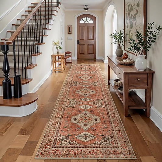 Tangsoo Boho Hallway Runner Rug 2.6x10 Washable Runner Rug for Hallways, Non Slip Vintage Soft Low Pile Long Rug Runner, Oriental Terracotta Carpet Runners for Kitchen Bedroom Entryway Living Room