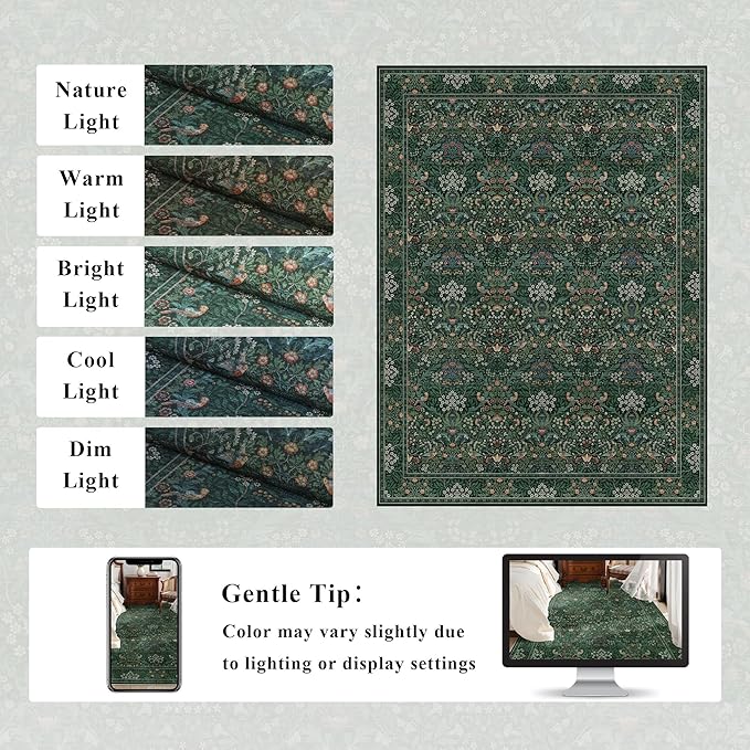 9x12 Floral Washable Area Rugs for Living Room, Vintage Boho Large Rug for Bedroom Dining Room, Distressed Botanical Birds Non Slip Low Pile Animal Throw Carpet for Farmhouse Office, Bright Green
