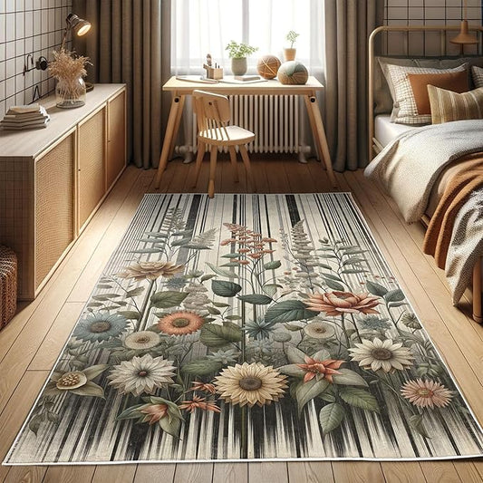 Ambesonne Botanical Decorative Rug, Nostalgic Garden Pattern with Flowers and Leaves on Retro Stripes, Quality Carpet for Bedroom Dorm and Living Room, 2' x 5', Sage Green and Salmon