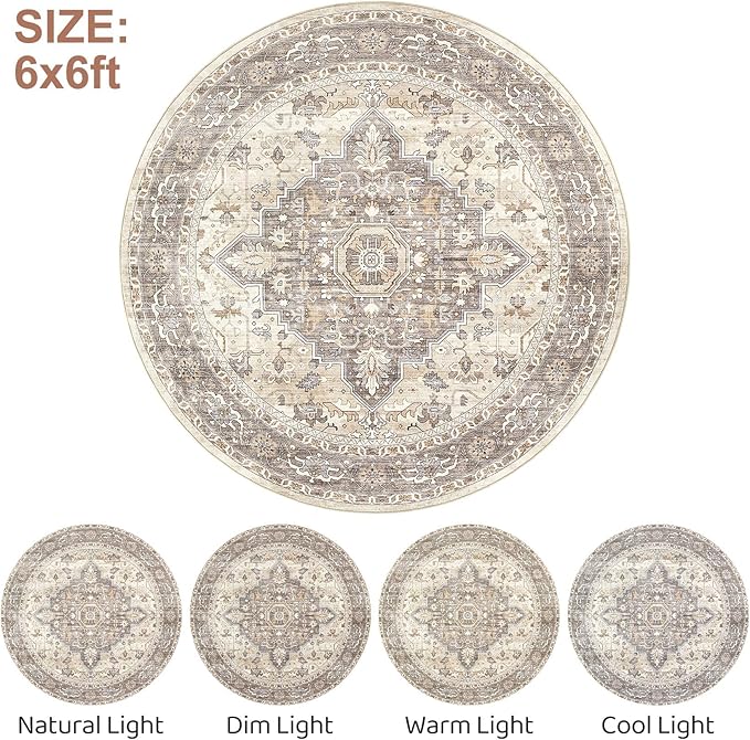 Round Rug Living Room Rugs: 6Ft Washable Boho Neutral Large Circle Soft Indoor Floral Stain Resistant Floor Farmhouse Carpet for Bedroom Nursery Kids Playroom Office Dining Room Dorm Home- Beige Brown