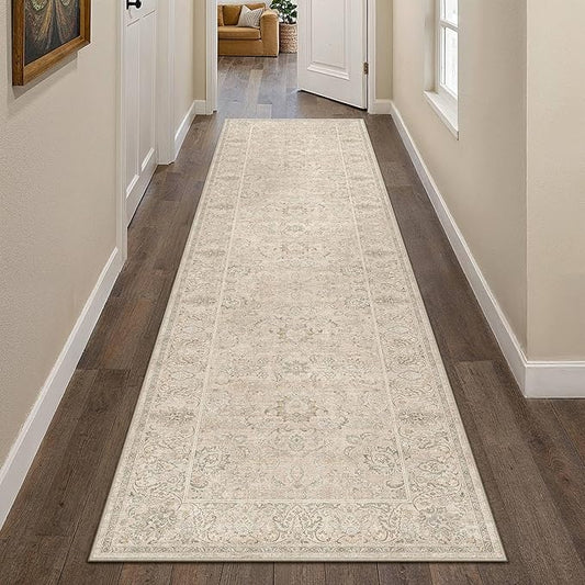 HUGEAR 2x8 Machine Washable Hallway Runner Rugs Vintage Beige - Neutral Non Slip Stain Resistant Low Pile Aesthetic Throw Carpet Kids & Pet Friendly for Bedroom Kitchen Entryway