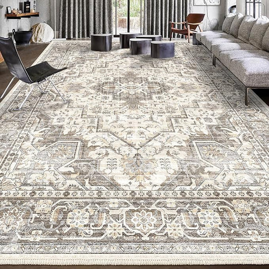 Area Rug Machine Washable Rug 10'x13' - Vintage Design Large Area Rugs with Non Slip Rugs for Living Room Bedroom,Stain Resistant, Home Decor Office Area Rug (Beige Brown 10'x13')