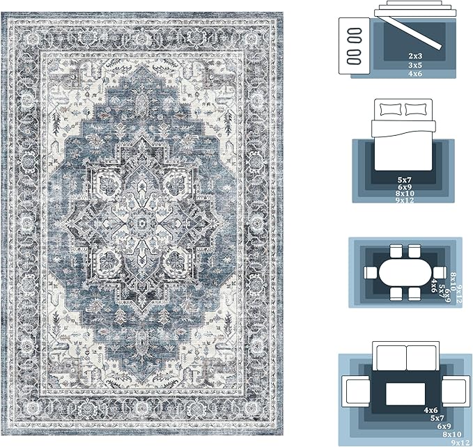 3x5 Vintage Area Rugs for Indoor Entrance Stain Resistant Washable Entryway Rug Ultra Soft Low Pile Lightweight Carpet Faux Wool Rugs for Living Room Bedroom Playroom Home Office