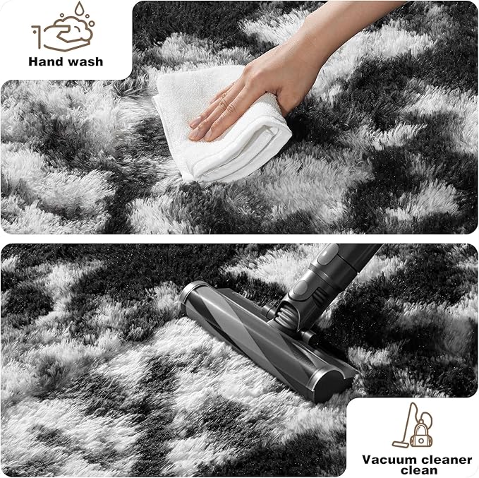 Black and White Rugs for Bedroom, 4x6 Fluffy Small Area Rugs for Living Room, Soft Shag Fuzzy Carpet with 4 Non-Slip Stickers for Kids Boys and Girls Nursery Room Dorm Home Decor (4ft x 6ft)