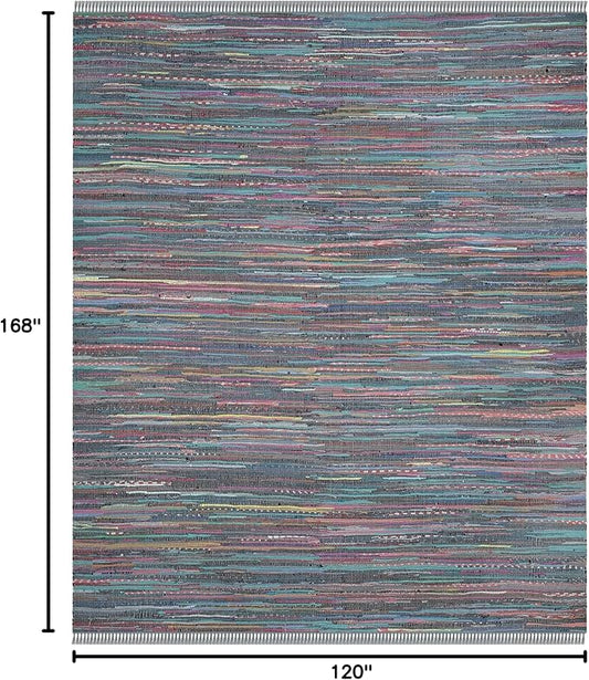 SAFAVIEH Rag Rug Collection Area Rug - 10' x 14', Aqua & Multi, Handmade Boho Stripe Cotton, Ideal for High Traffic Areas in Living Room, Bedroom (RAR121K)