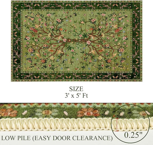 Green Area Rug 3x5 Washable, Non-Slip Small Rug Carpet, Floral Boho Low Pile Soft Throw Rugs for Entryway, Bedroom, Kids Room, Dorm, Office, Nursery, Vintage Home Decor