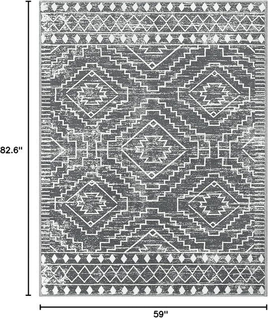 Wonnitar Moroccan 5x7 Washable Rug, Large Grey Area Rug for Living Room, Non-Slip Boho Bedroom Carpet Thin Soft Non-Shedding Farmhouse Rug for Dining Room Table Kitchen Home Office (Dark Grey,5'x7')