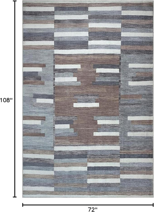 Bloom Rugs Washable Non-Slip 6' x 9' Rug - Blue/Brown Striped Area Rug for Living Room, Bedroom, Dining Room, and Kitchen - Exact Size: 6' x 9'