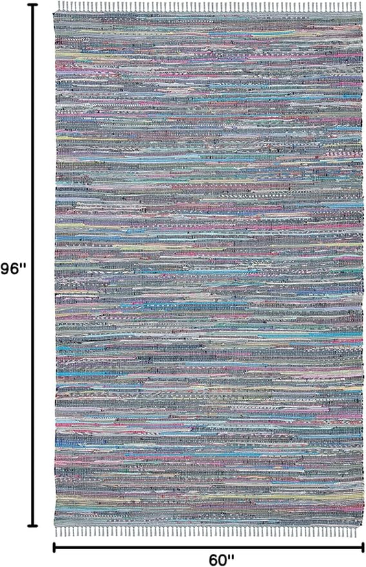 SAFAVIEH Rag Rug Collection Area Rug - 5' x 8', Aqua & Multi, Handmade Boho Stripe Cotton, Ideal for High Traffic Areas in Living Room, Bedroom (RAR121K)