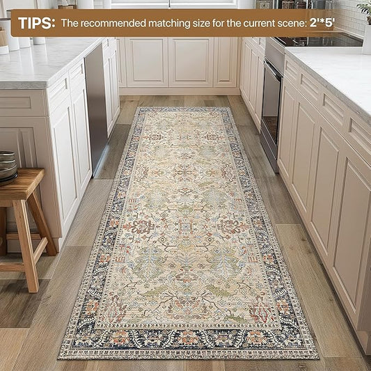 Bavni Bedroom Rug Runners for Hallways, Washable Runner Rug 2x7, Low Pile Non-Slip Indoor Throw Carpet for Bedroom Laundry Room, Ivory/Teal