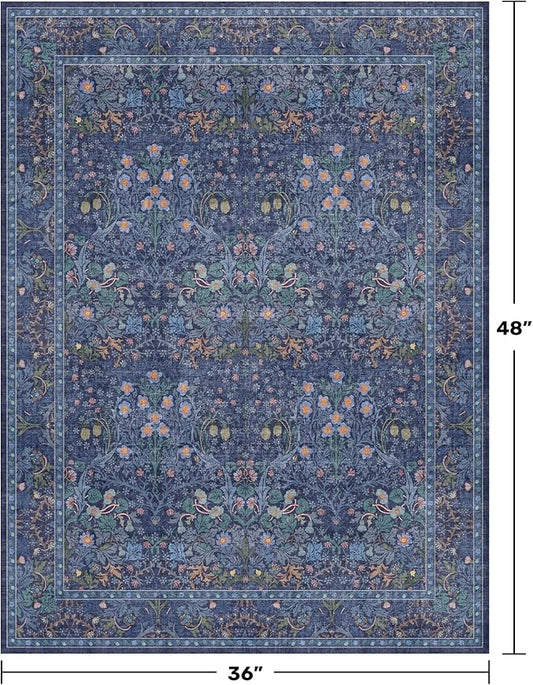 Vintage Dark Blue 3x4 Entryway Rug, Washable Small Area Rugs for Kitchen, Bedroom, Oriental Low Pile Stain Resistant Non-Slip Large Rug
