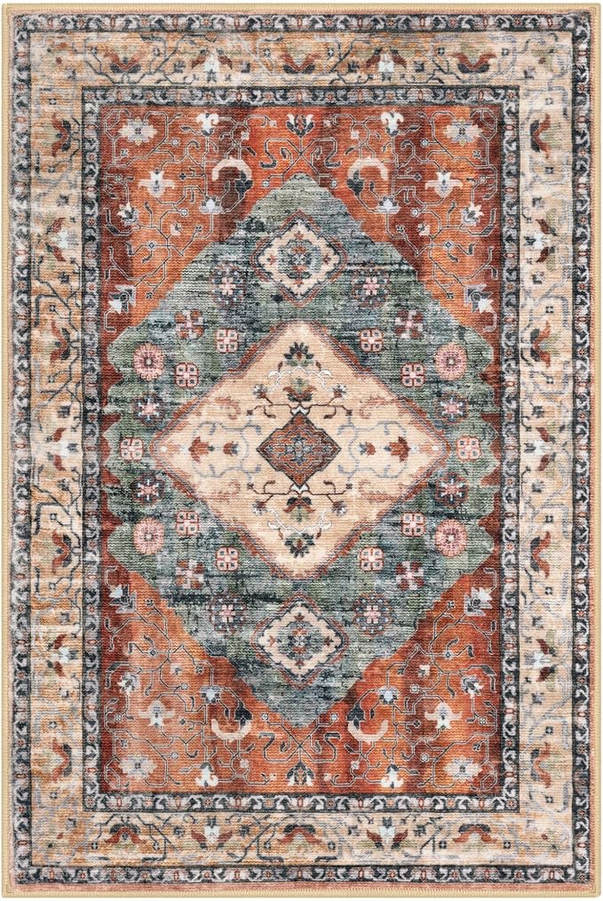 KOZYFLY Boho Area Rug 4x6 Ft Rugs for Entryway Washable Entry Rug Non Slip Rug for Living Room Rust/Orange/Blue Printed Faux Wool Vintage Bedroom Throw Rugs for Entrance Kitchen Living Room