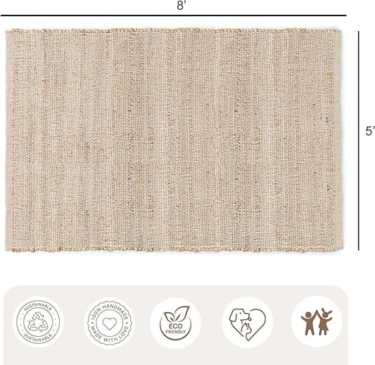 REDEARTH · Jute Cotton Area Rug, Sustainable Handwoven, Non-Shedding, Soft & Durable – Reversible, Neutral Tones for Home Décor in Living Room, Dining Room, Bedroom (Arden Natural, 5'x8')