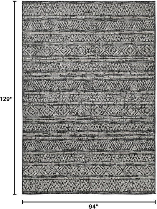 FH Home Flat Woven Outdoor Rug - Waterproof, Easy to Clean, Stain Resistant - Premium Polypropylene Yarn - Striped Boho - Large Patio, Deck, Sunroom - Amman - Charcoal - 7ft 10in x 10ft 9in