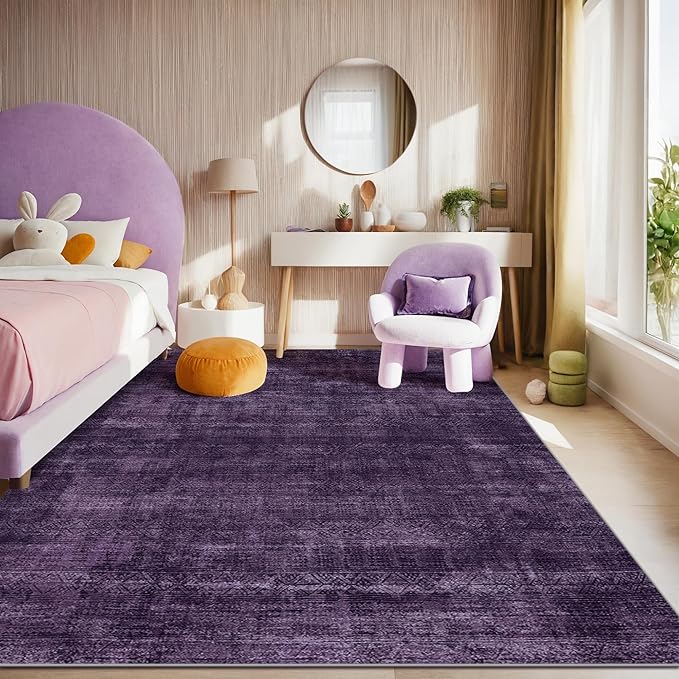 Kokia Abstract Area Rugs 9x12 Bedroom Washable Decor Low Pile Non-Slip Non-Shedding Indoor Carpet Foldable Stain Resistant Floor Mat Living Room Dining Room, Purple Rug, Oslo Dusty