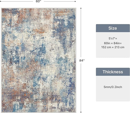 5x7 Area Rugs Washable Blue Rug for Living Room Bedroom, Abstract Modern Large Rug Non Slip, Water Repellent Low Pile Soft Carpet for Dining Room, Blue Rust