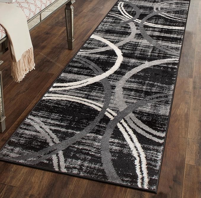 Rugshop Modern Wavy Circles Design Runner Rug, Fade-Resistant Carpet for Hallway, Entryway, or Kitchen, Black, 2' x 10'