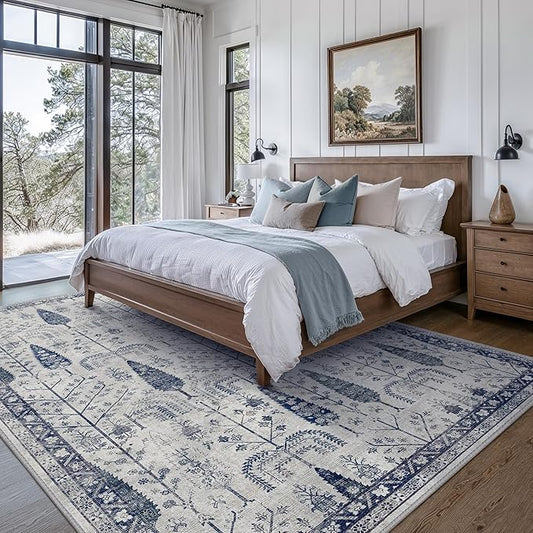 Bavni Rugs for Living Room, Floral Non Slip Machine Washable Rug, Neutral Low Pile Lightweight Rug for Dining Room Bedroom, Thin Durable Farmhouse Vintage Tree Blue 6x9 Rugs