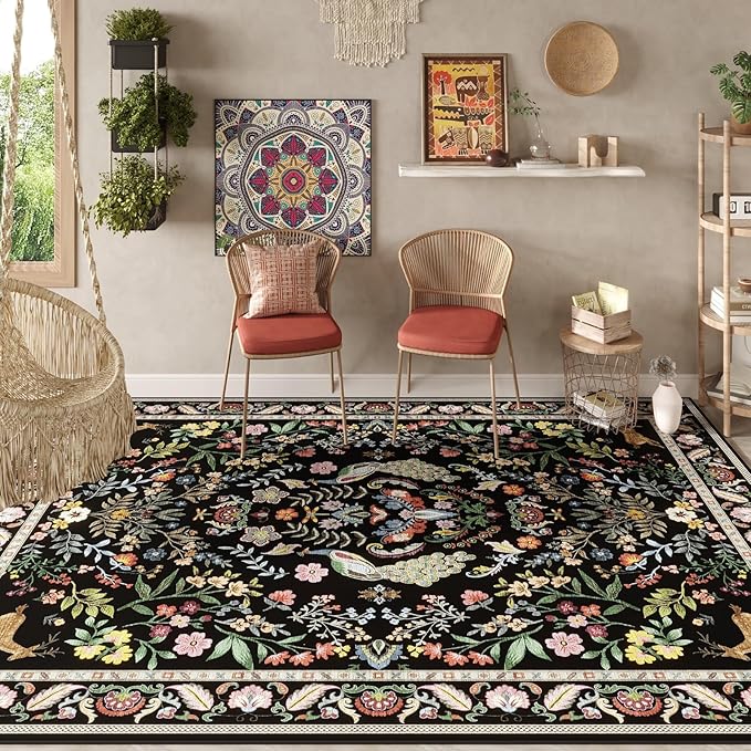Rugcomf 9x12 Area Rugs for Living Room Washable Rug Floral Non-Slip Large Rug for Living Room, Bedroom, Farmhouse, Dining Room, Kids Playroom (Vibrant Black)