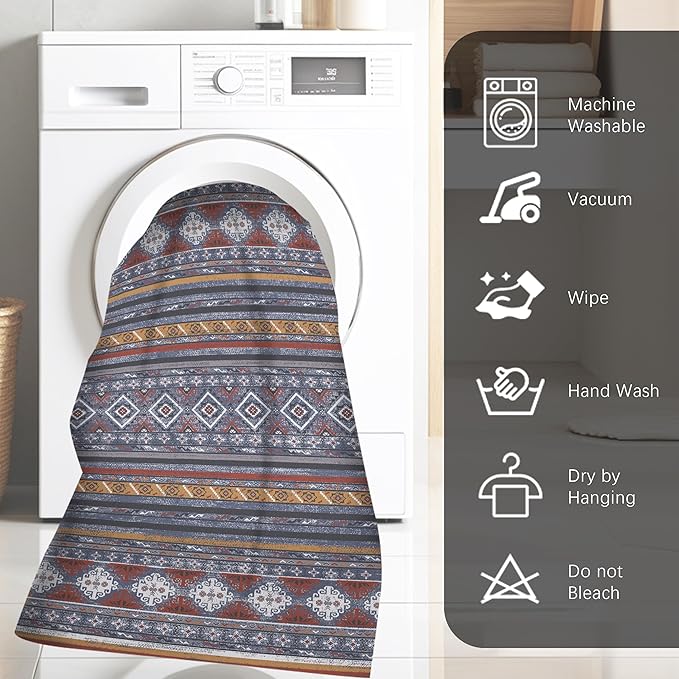 RUGSURE Washable Area Rugs 5' x 7' - 1/6 Thick - Moroccan-Inspired -Stain & Water Resistant Non-Slip - Resistant Rug for Living Room, Bedroom, Nursery, Pet & Child Friendly (Blue and Red)