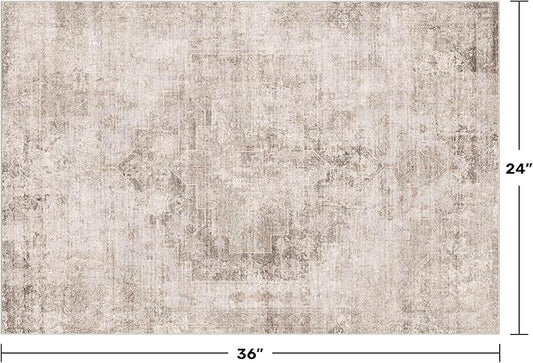 Beige Brown 2x3 Washable Rug for Entryway Indoor, Kitchen Floor Waterproof, Bathroom, Powder Room, Non Slip Low Pile Stain & Fade Resistant Small Throw Rug, Modern Abstract Decor