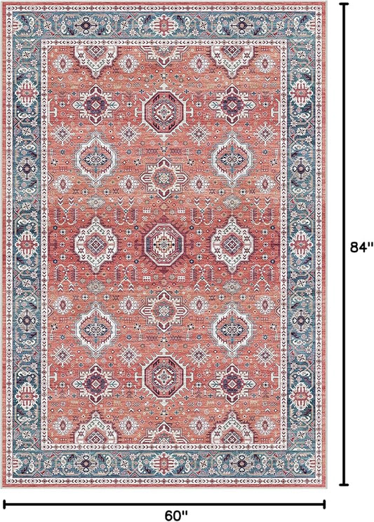 Dripex Vintage 5x7 Area Rugs - Large Washable Area Rug for Living Room Bedroom Oriental Medallion Floral Print Floor Carpet Low-Pile Indoor Soft Non-Slip Accent Rug Farmhouse Home Office Decor