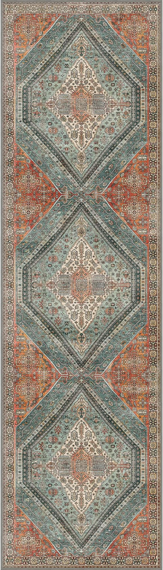 Bavni Runner Rug 2x10 Kitchen Rugs for Hallways Entryway, Washable Vintage Print Carpet, Ultra-Thin Chenille Low Pile Lightweight Rug with Non Slip Backing, Light Red/Blue