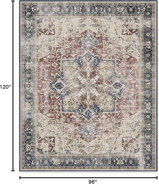 RUGGABLE Washable Vintage Area Rug – Kamran Royal Blue 8x10, Stain-Resistant, Non-Slip – Large Machine Washable Rugs for Living Room, Bedroom, Hallway, Entryway & Office–with Standard Pad