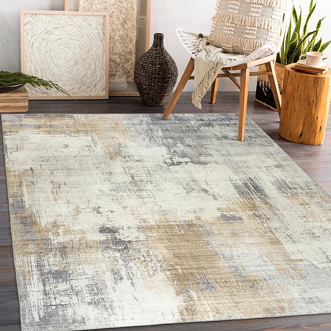 ReaLife Rugs Machine Washable Area Rug - Living Room Bedroom Bathroom Kitchen Entryway Office - Padded Low Pile Stain Resistant Premium - Modern Abstract Contemporary - Quinn - Beige 7'6" x 9'6"