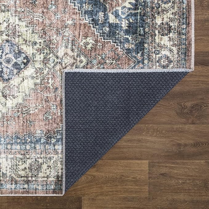 Bloom Rugs Caria Washable Non-Slip 8x10 Rug - Coral Pink/Ocean Blue Traditional Area Rug for Living Room, Bedroom, Dining Room, and Kitchen - Exact Size: 7'8" x 10'