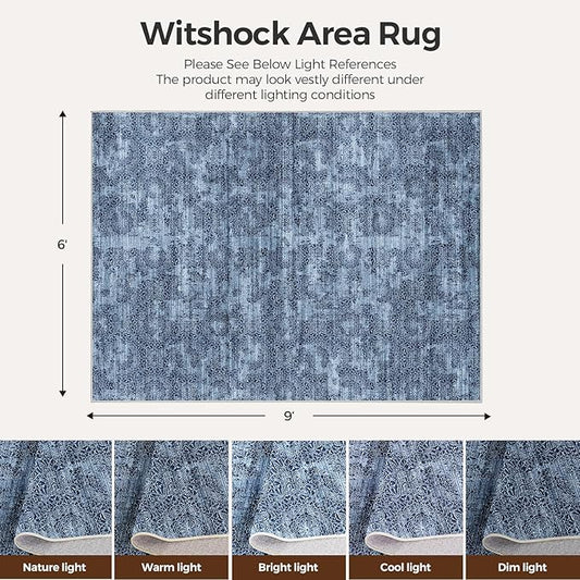 WITSHOCK 6x9 Area Rugs for Living Room: Machine Washable Non Slip Modern Abstract Carpet - Low Pile Print Rug for Bedroom Dining Room - Stain Resistant for Household - Pet Owners (Blue White)