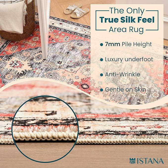 Istana Hallway Runner Rug 2.5x8 – Red/Teal Entryway Rug -Silk's Soft Touch Runners for Hallways - Stylish Kitchen Runner Rug Non Slip