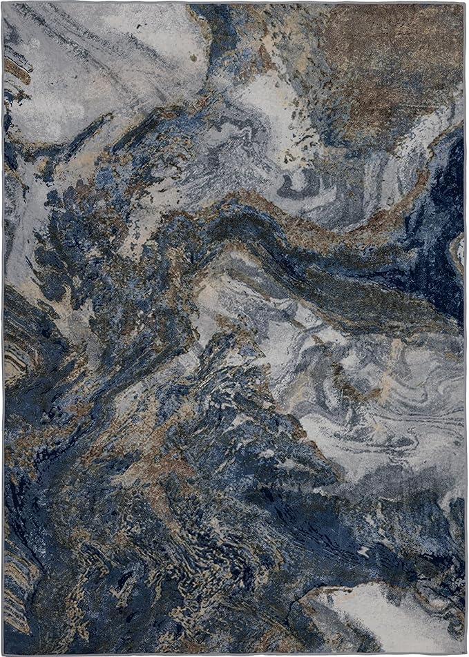 Washable Rug for Living Room: Abstract 8x10 Area Rugs for Bedroom Dining Room Low Pile Non-Slip - Stain Resistant Large Carpet Indoor - Modern Marble Blue Gold