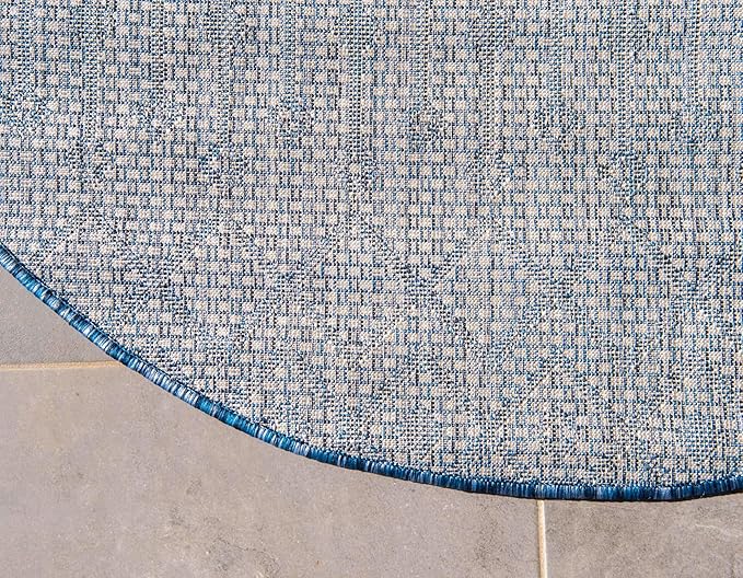 Unique Loom Outdoor Trellis Collection Area Rug - Tribal Trellis (8' Round, Blue/ Ivory)