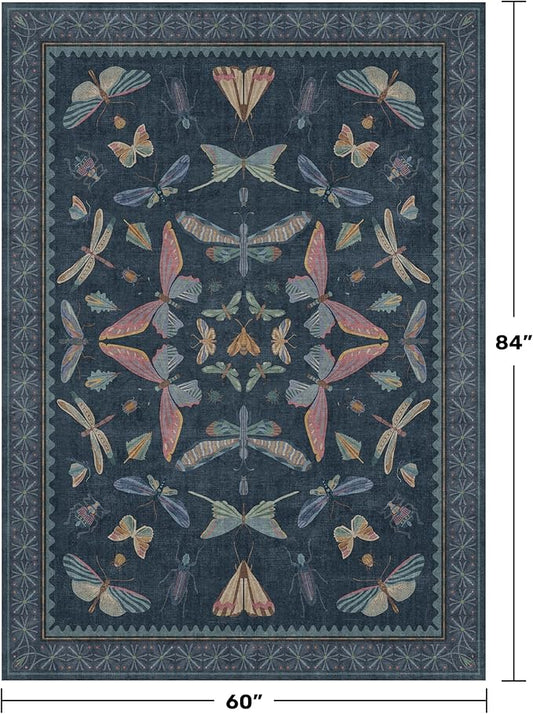 5x7 Navy Blue Boho Rugs for Living Room, Stain Resistant Non Slip Area Rug for Dining Room, Whimsical Bedroom Insect Carpet, Dark Vintage Décor Indoor, Low Pile & Soft