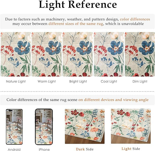 Beige Area Rug 4x6 Office Floral Indoor Door Mat Washable Boho Kitchen Living Room Carpet Non Slip Bedroom Low Pile Lightweight Throw Rug for Dining Room Farmhouse