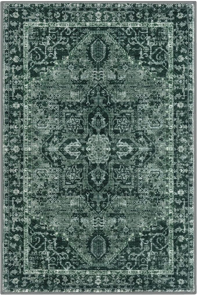 KOZYFLY Boho Area Rug 3x5 Ft Rugs for Entryway Washable Entry Rug Non Slip Door Mat Indoor Entrance Printed Faux Wool Throw Rugs for Entrance Kitchen Living Room, Dark Green