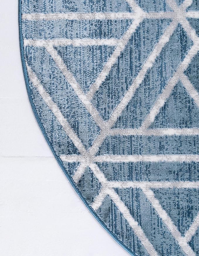 Rugs.com Lattice Trellis Collection Rug – 8 Ft Round Blue Low-Pile Rug Perfect for Kitchens, Dining Rooms