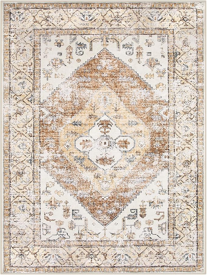 Lahome 9x12 Area Rugs for Living Room - Boho Non-Slip Washable Carpet Ultra-Thin Large Rug Lightweight Throw Foldable Dining Room Mat,Farmhouse Neutral Print Carpet for Bedroom Guest Room (Taupe)