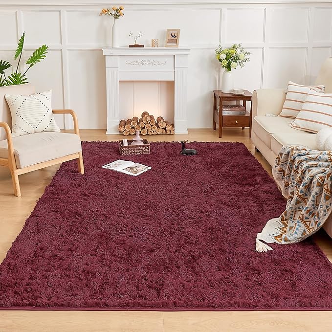 Andency Burgundy Soft Area Rugs for Living Room Bedroom, 5x8 Fluffy Shaggy Bedside Rug, Non-Slip Large Shag Fuzzy Plush Carpets for Bedroom Kids Dorm Nursery Home Decor Aesthetic